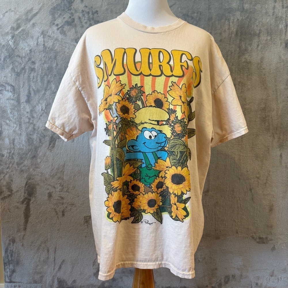 Smurfs Graphic Sunflower Comfy Casual T-Shirt Sz XL